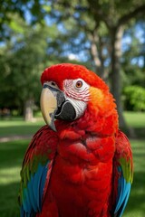 Obraz premium araffe parrot with red and blue feathers sitting on a tree stump