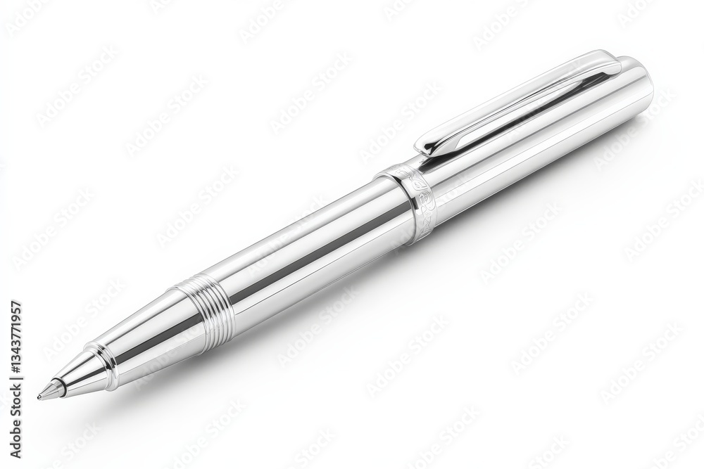 Poster Sleek silver pen resting on a clean surface, showcasing its elegant design and functionality for writing tasks