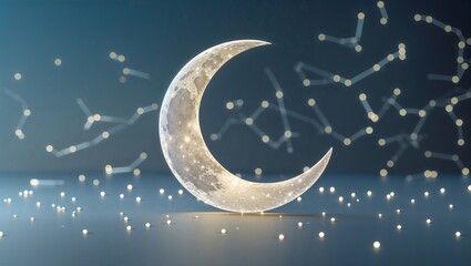 Naklejka premium A crescent moon glows softly, surrounded by twinkling stars in a night sky, creating a tranquil atmosphere. The minimalist design enhances the beauty of the celestial scene