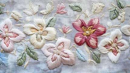 A detailed embroidered flower pattern, showcasing delicate floral motifs on a textured fabric background
