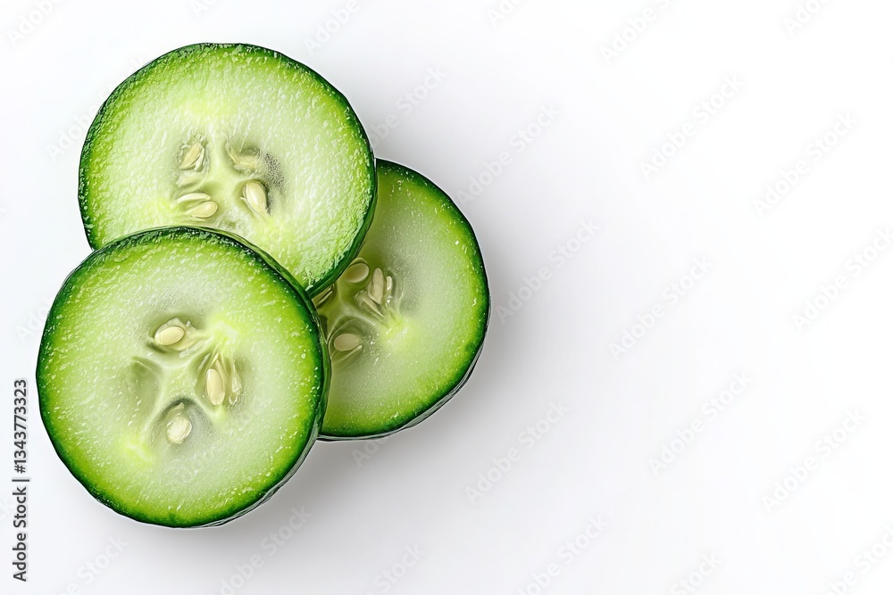 Poster Slices of fresh cucumber arranged on a light background for culinary use and presentation