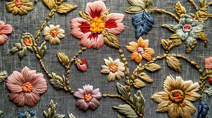 A detailed embroidered flower pattern, showcasing delicate floral motifs on a textured fabric background