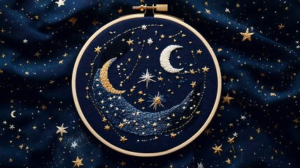 A detailed embroidery hoop featuring a celestial theme with embroidered stars, moons, and constellations on a dark fabric