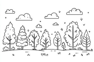 Vibrant line art illustration of a diverse forest landscape with trees under a cloudy sky