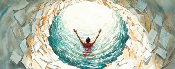 A person is submerged in water, reaching upward amidst a swirl of scattered papers, symbolizing struggle and aspiration.