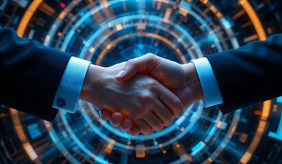 A powerful image depicting a business handshake against a dynamic, technological backdrop.