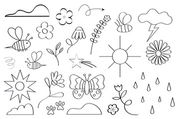 Hand-drawn nature doodles collection. Simple black outline drawings of flowers, bees, butterfly, sun, clouds, lightning, stars, plants. Perfect for coloring pages, stationery and children's designs