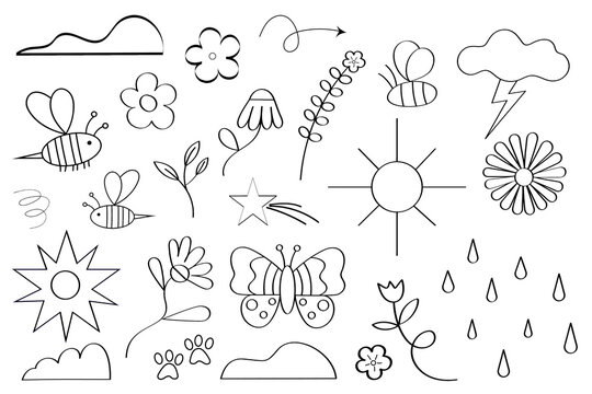 Hand-drawn nature doodles collection. Simple black outline drawings of flowers, bees, butterfly, sun, clouds, lightning, stars, plants. Perfect for coloring pages, stationery and children's designs