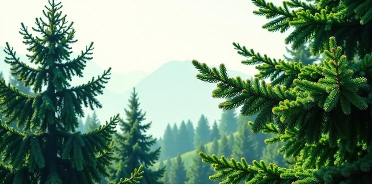Majestic evergreen branches against bright white, trees, evergreen trees