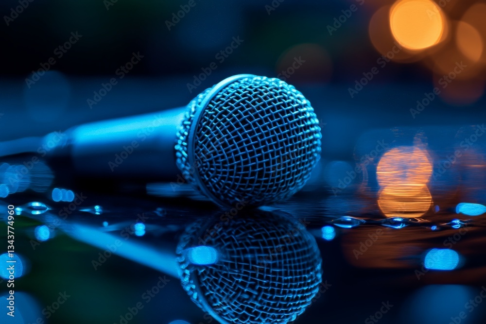 Poster microphone resting on a wet surface with blue lighting during an evening event