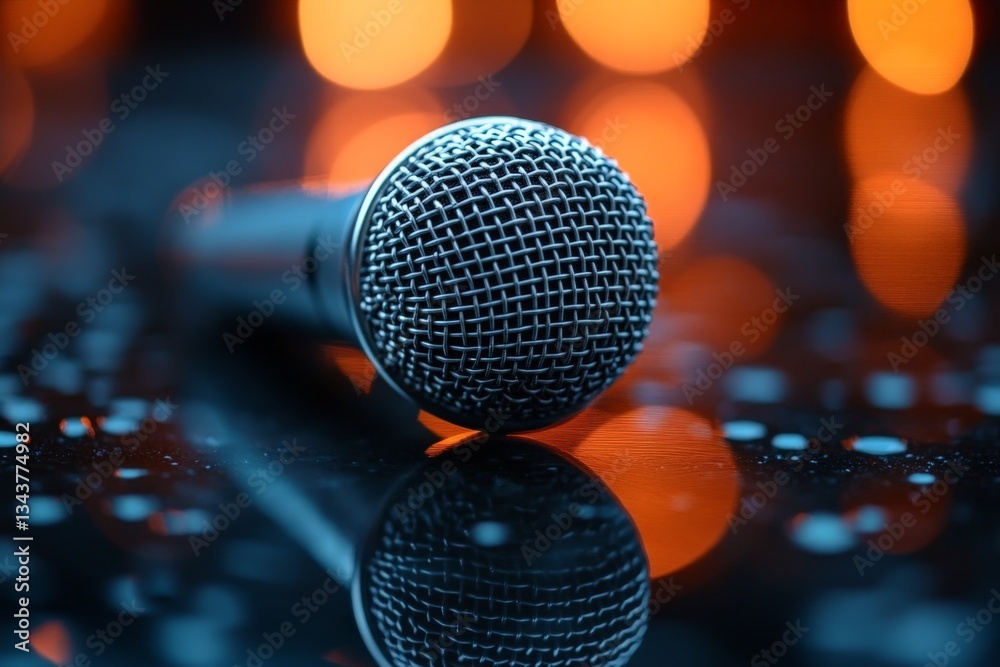 Fototapete microphone resting on reflective surface with bokeh background in vibrant colors during nighttime ev