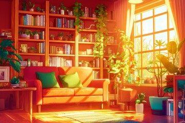 Fototapeta premium Cozy reading nook with vibrant plants and sunlight streaming through a window, featuring a bright orange sofa and lush greenery in a warm decor setting