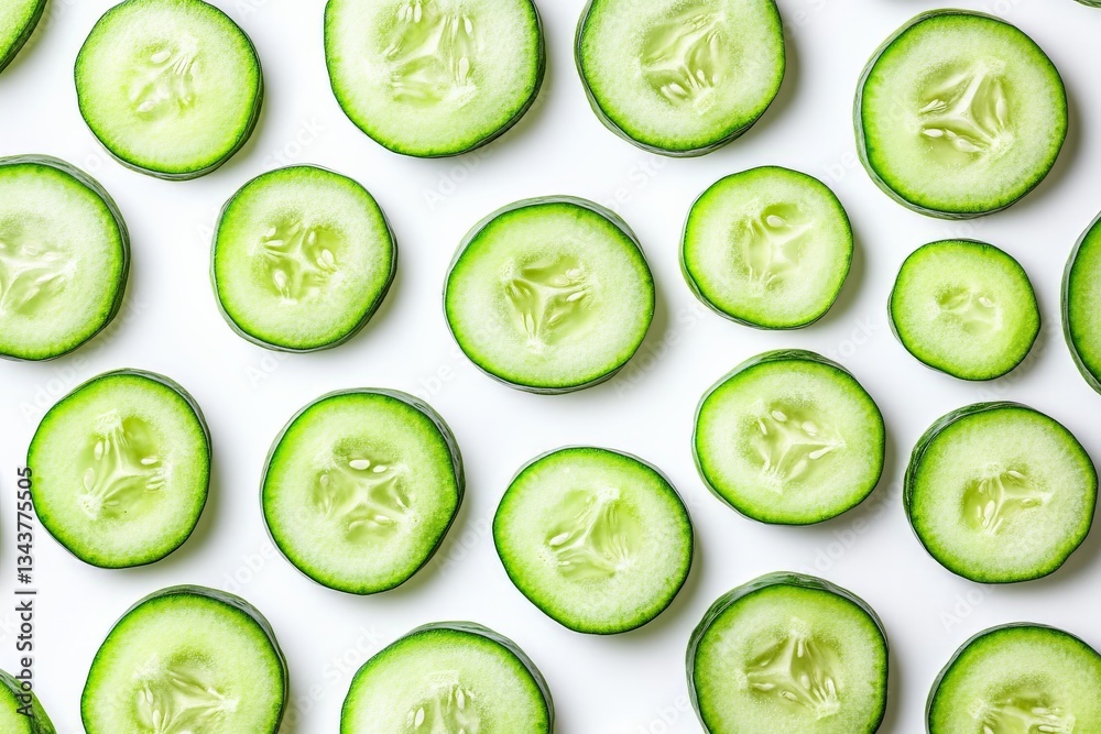 Poster Sliced cucumber arranged in a neat pattern on a white background showcasing fresh produce