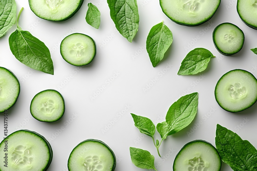 Poster fresh cucumber slices and green herbs arranged on a light background for a healthy culinary display