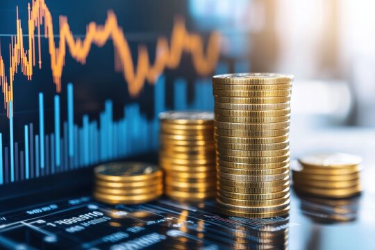 Gold Coins Stacked with Financial Chart Background Showing Market Trends