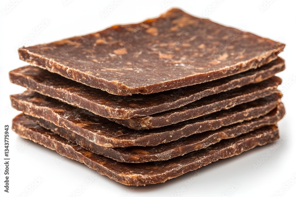 Poster dark chocolate pieces stacked neatly on a white surface showcasing texture and richness