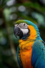 Fototapeta premium araffy parrot with a blue and yellow feathers sitting on a branch