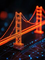 Obraz premium A glowing, holographic representation of a suspension bridge, set against a dark background with glowing nodes and lines, suggesting a digital or futuristic theme.