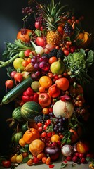 Abundance of colorful fruits and vegetables cascade.