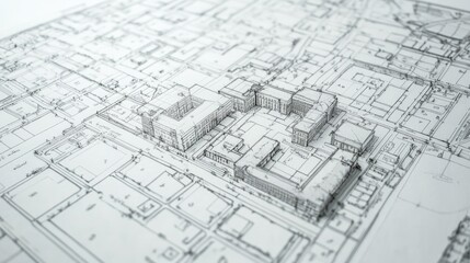 Detailed architectural blueprint showcasing a city layout with buildings, streets, and surrounding areas