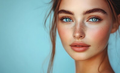 Naklejka premium Young woman with flawless skin and captivating eyes, close-up portrait on a blue background. Ideal for beauty, skincare, or cosmetic concepts with copy space.
