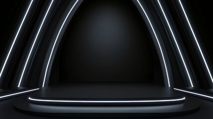 Contemporary black stage illuminated with neon lighting for presentations