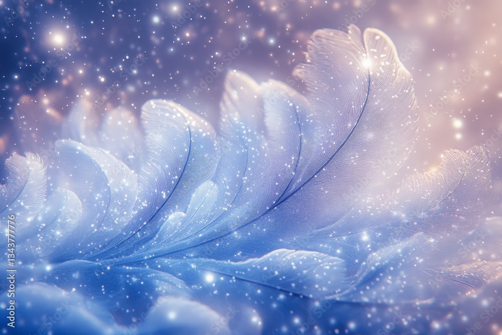 Poster soft blue feather illuminated by shimmering lights creates a magical atmosphere in a whimsical setti