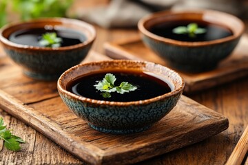 Three small bowls of dark sauce garnished with fresh cilantro on wooden tray