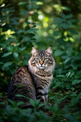 there is a cat sitting in the middle of the woods