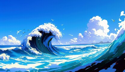Dramatic Ocean Waves with White Foam and Clear Blue Sky in a Vibrant Coastal Landscape Scene