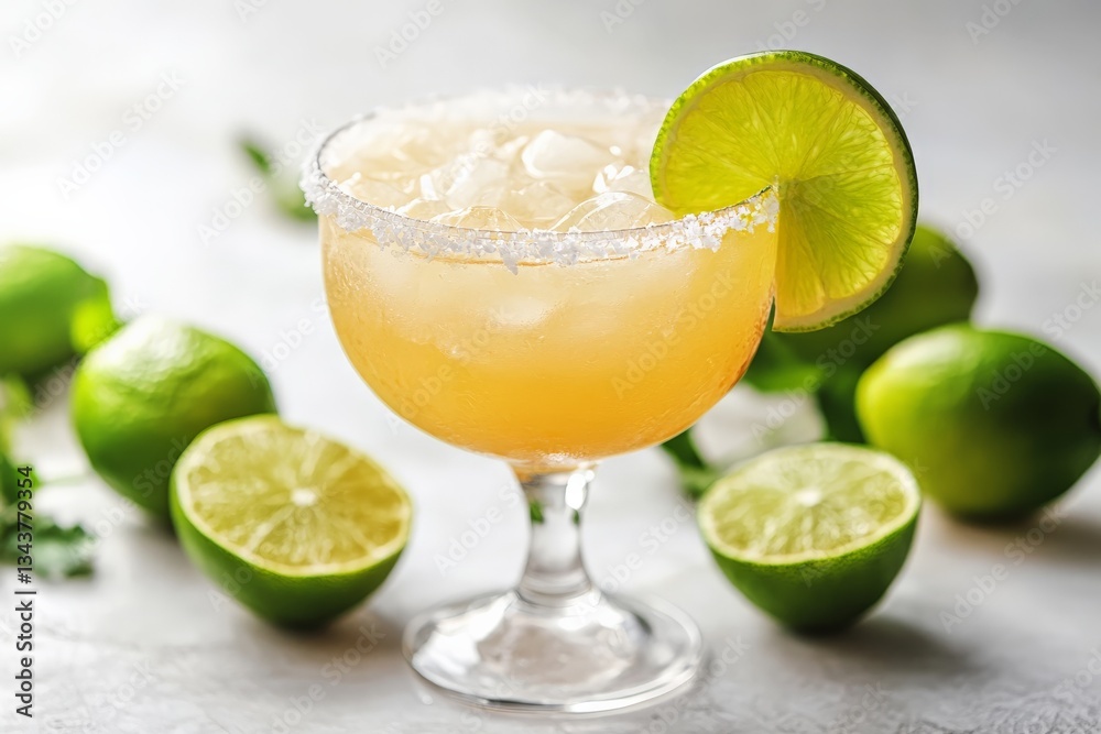 Poster refreshing cocktail served in a glass with lime garnish surrounded by fresh limes