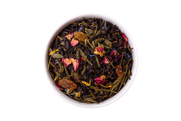 Dry tea mix blend black, green and flower petals in bowl