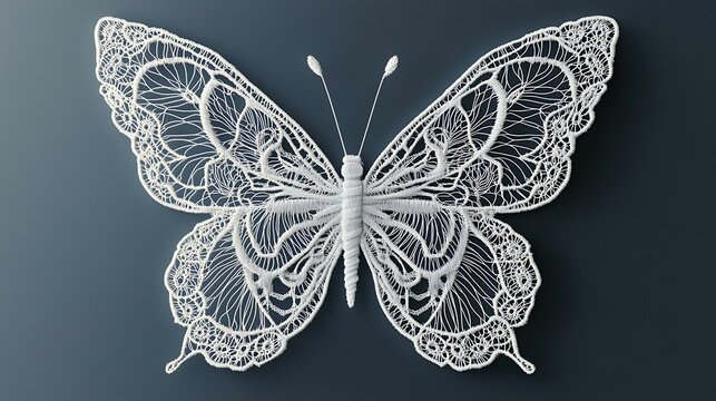 A high-resolution embroidery design of a delicate lace butterfly, created using intricate stitching techniques