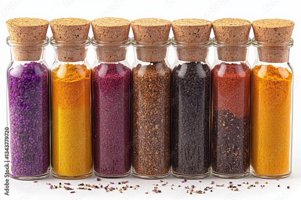 Poster colorful spice jars arranged neatly on a white background exhibit a variety of textures and hues