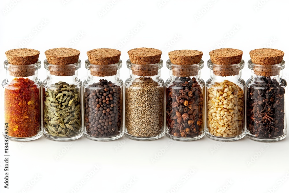 Poster colorful spice jars arranged neatly on a white background showcasing various culinary ingredients an