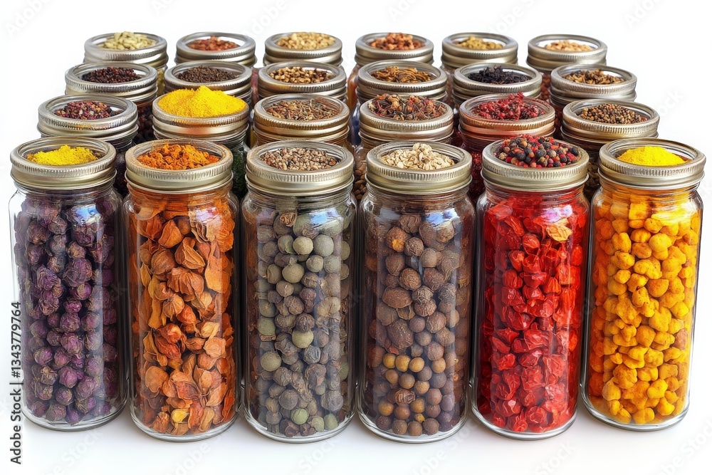 Aufkleber Colorful display of various spices in jars arranged neatly on a surface