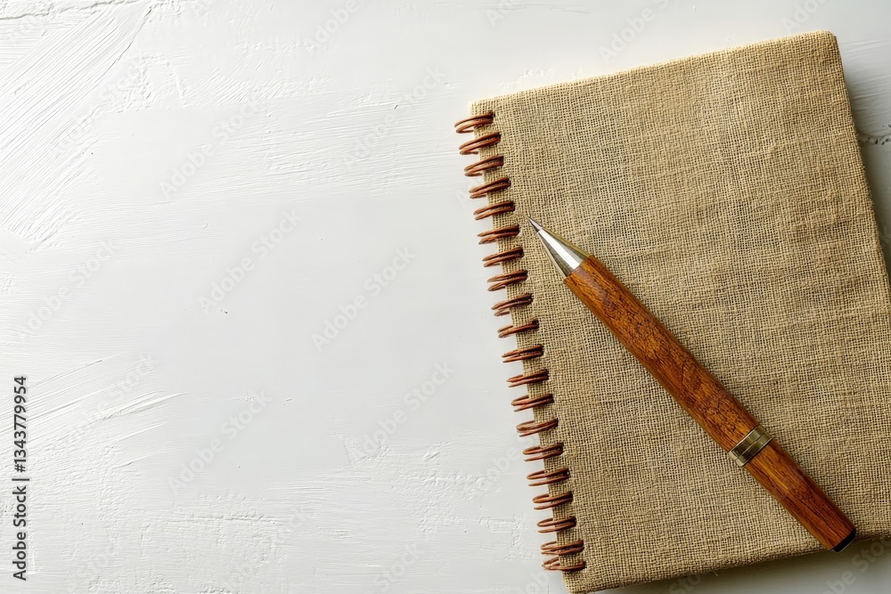 Poster notepad and wooden pen on a simple white table for creative writing and idea generation