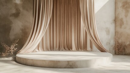 Elegant presentation stage with draped curtains and textured wall backdrop