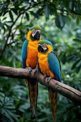 Obraz premium two colorful birds sitting on a branch in a forest