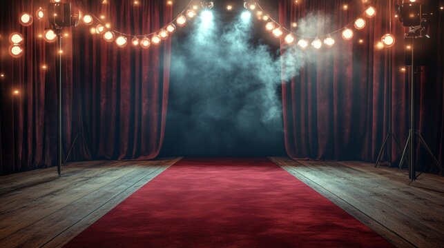 Elegant prom night background with red carpet, stage lights, and atmospheric smoke