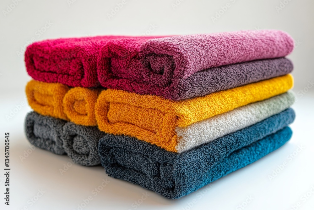 Poster soft and colorful towels stacked neatly in a bright setting for a fresh and vibrant bathroom look