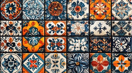 Colorful ceramic tiles arranged in a decorative pattern showcasing intricate designs (1)