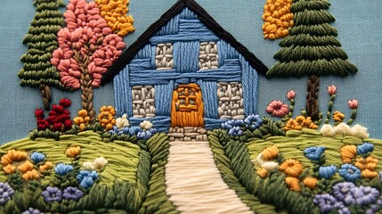 Fototapeta premium A highly detailed embroidery hoop art featuring a cozy cottage scene with flowers and trees, stitched in vibrant colors