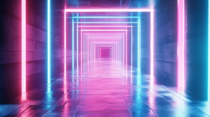 Fototapeta premium A futuristic corridor illuminated by vibrant neon lights, creating a surreal atmosphere.