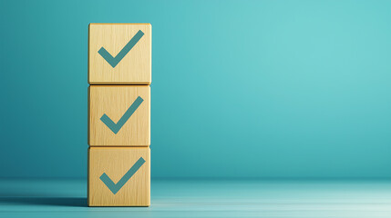 タスク完了を表す三段積み木のチェックマーク | 青色背景