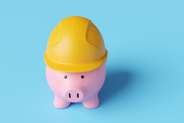Fototapeta premium Pink piggy bank wearing a yellow helmet on a blue background. Illustration of the concept of risk management of investment, savings and pension protection