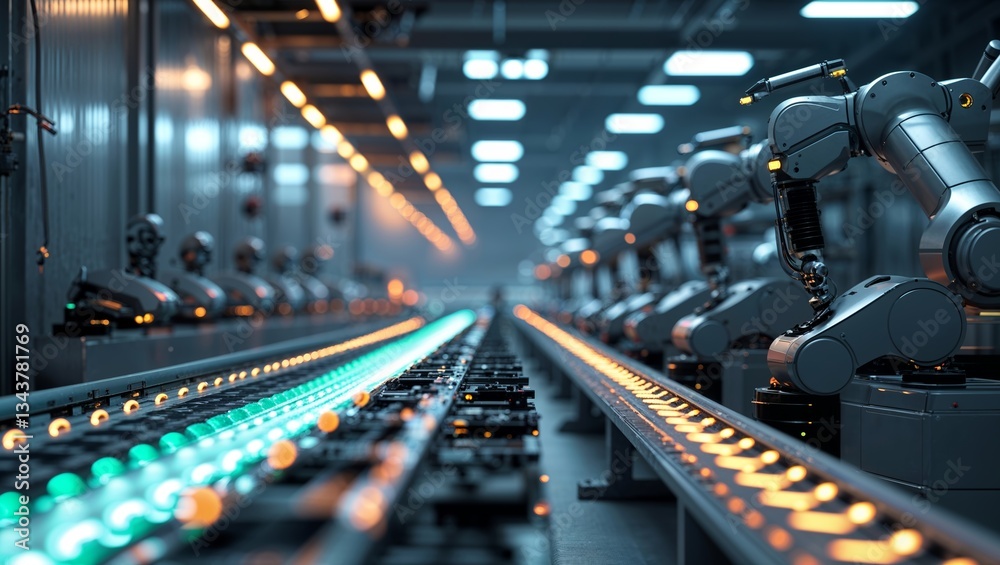 Poster industrial robots working on a production line in a modern factory environment during daytime