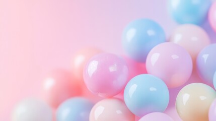 A vibrant arrangement of pastel-colored spheres on a soft pink and blue gradient background, evoking a playful atmosphere