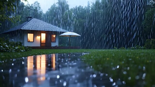 Cozy house illuminated at night during heavy rain with reflections on the wet grass