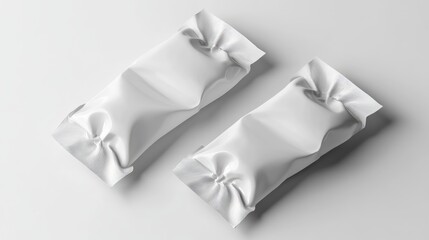 Obraz premium Two neatly packaged white pouches resting on a clean surface, ideal for product display in marketing materials